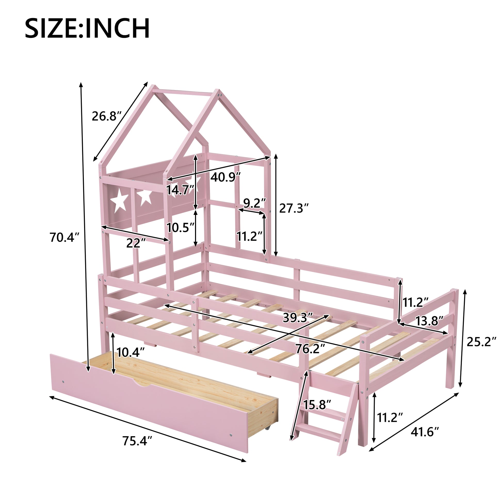 Wood Twin Size House Platform Bed With Guardrail And Drawer, Pink Box Spring Not Required Twin Pink Wood Bedroom Bed Frame Solid Wood Mdf