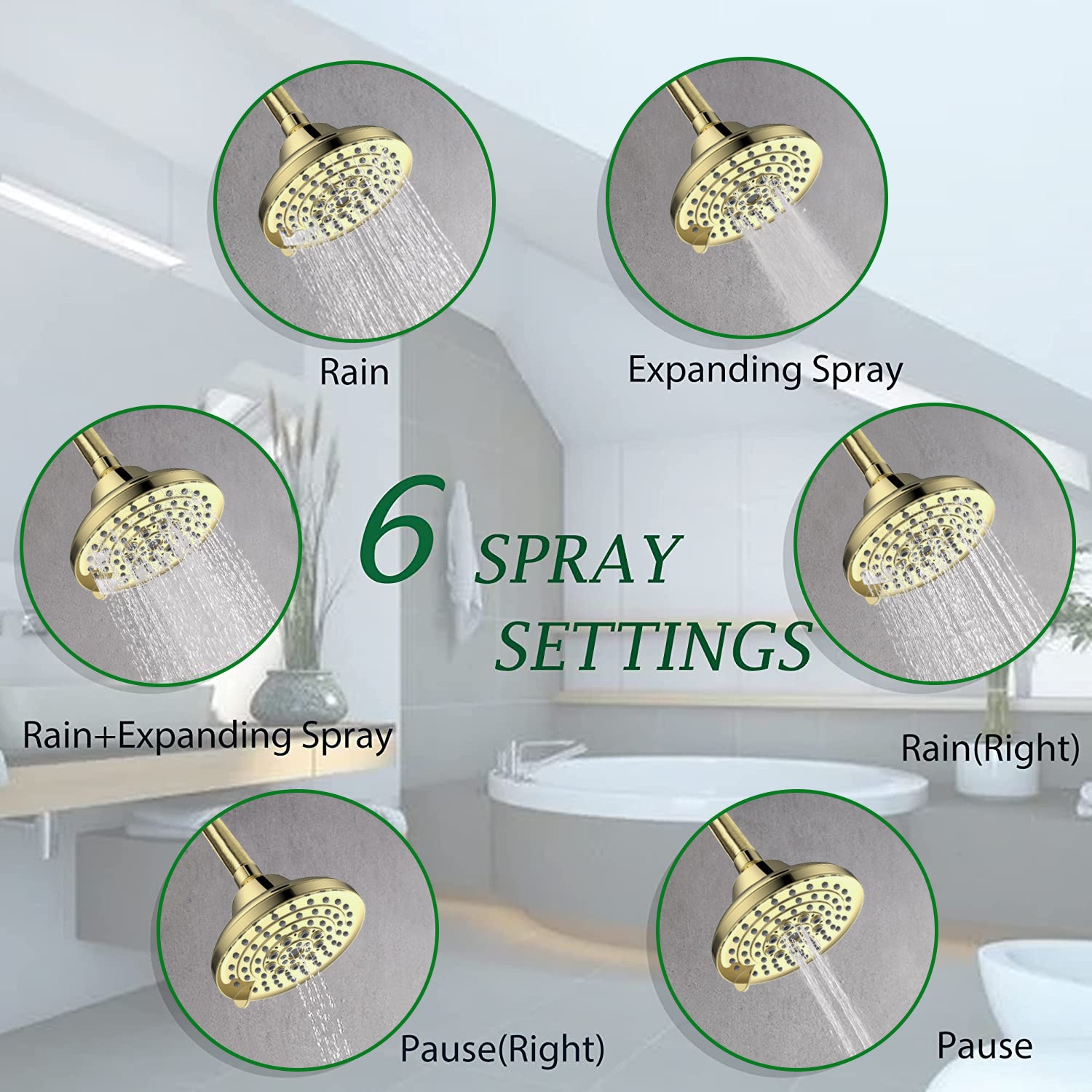 6 Spray Settings High Pressure Shower Head 5" Rain Fixed Showerhead Gold Adjustable Shower Head With Anti Clogging Nozzles, Low Flow Easily Installation Gold Plastic