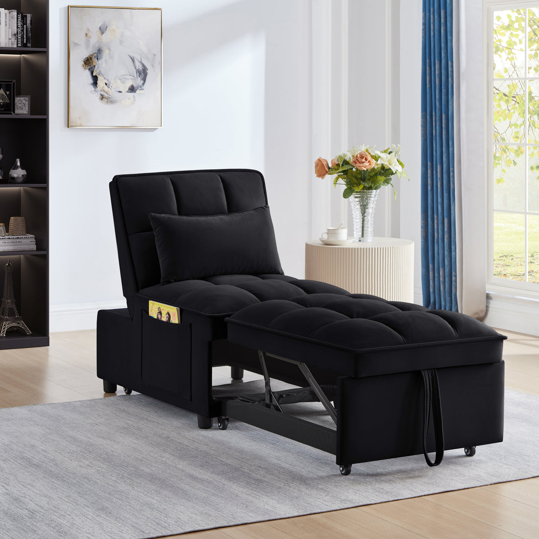 4 In1 Multi Function Single Sofa Bed With Storage Pockets,Tufted Single Pull Out Sofa Bed With Adjustable Backrest And Pillows ,Convertible Chaise Lounge,Black Black Velvet Metal Primary Living Space Medium Soft American Design Armless Foam Velvet 1 Seat