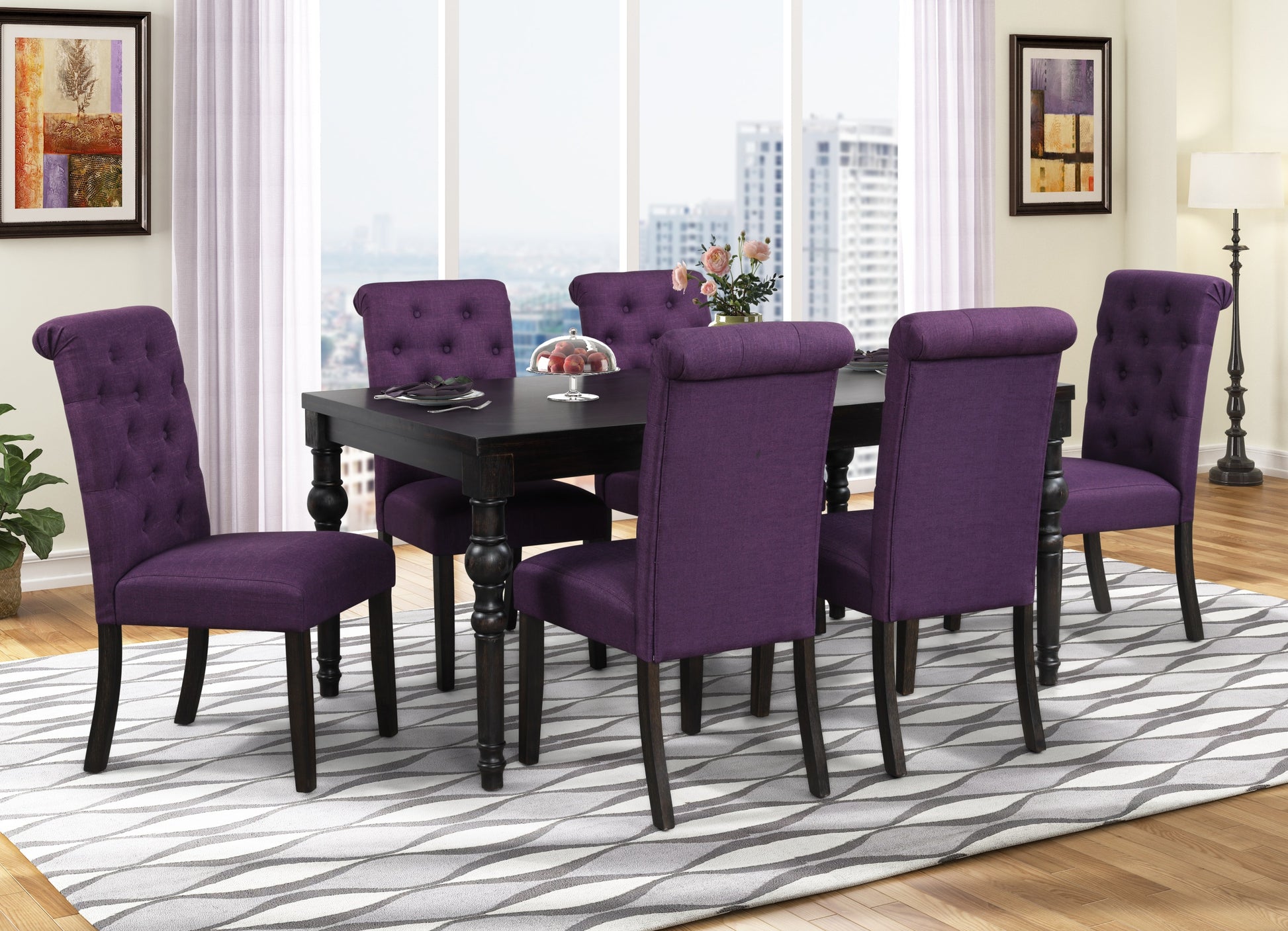 Leviton Urban Style Wood Dark Wash Turned Leg Dining Set: Table And 6 Chairs Wood Black Seats 6 Wood Dining Room Fixed Table Rubberwood Rectangular 4 Leg Rectangular Dining Table With Chair Mdf