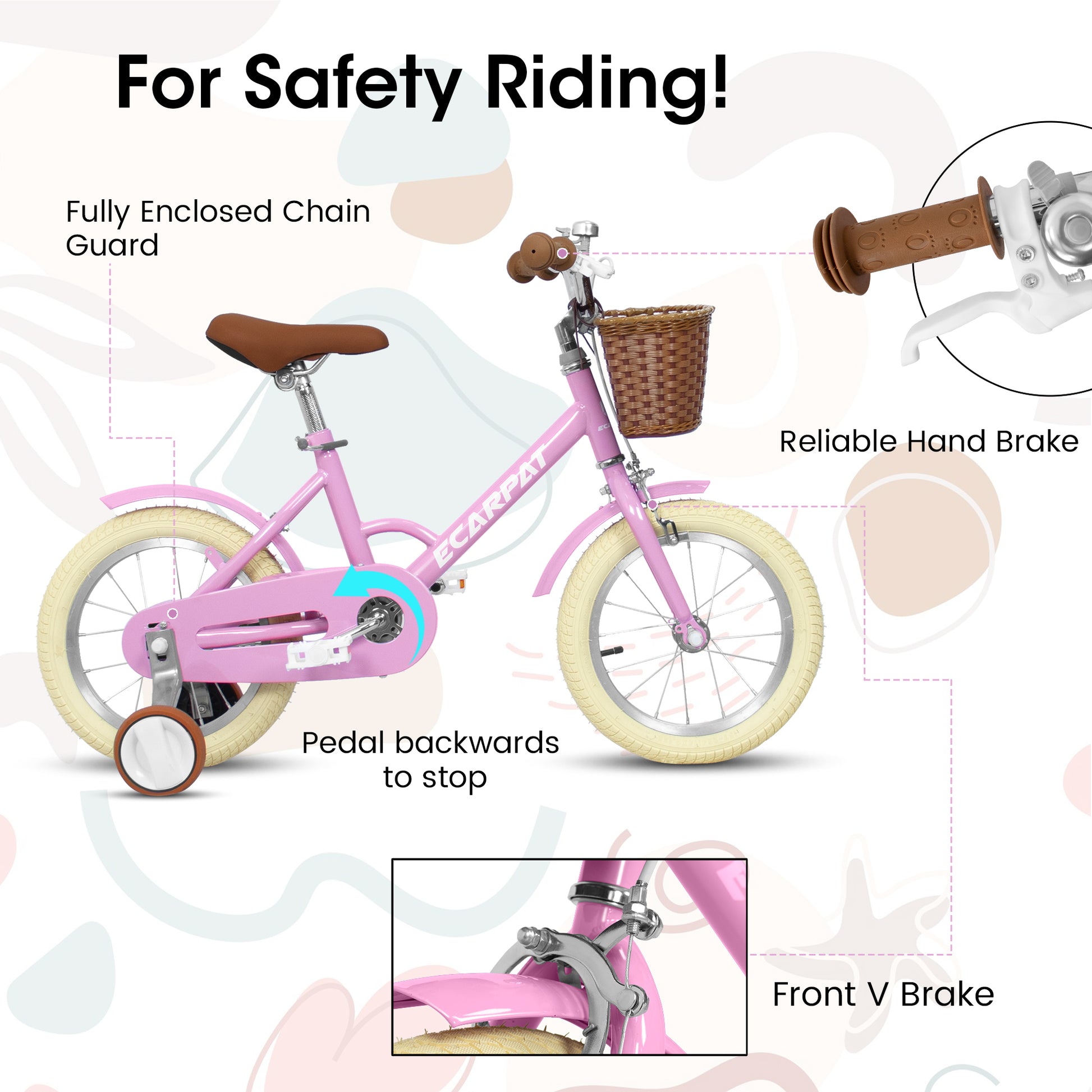 A14116 Ecarpat Kids'Bike Girls Bike 14 Inch Wheels,1 Speed Child Bicycles For 2 4 Years,With Removable Training Wheels Baby Toys,Front V Brake,Rear Holding Brake Pink Steel