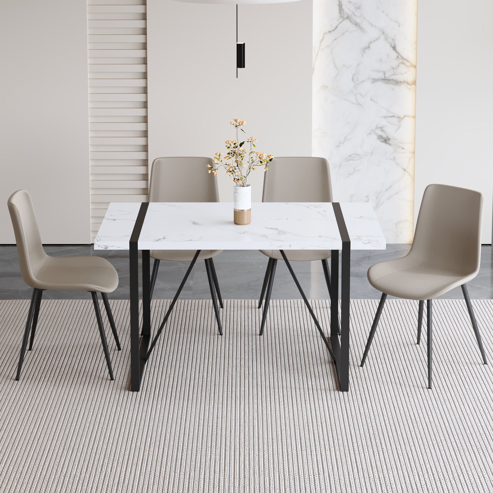 Table And Chair Set.A Modern Minimalist White Marble Veined Mdf Dining Table With Metal Frame.Paried With 4 Chairs With Pu Cushions And Black Metal Legs. Light Gray,White Seats 4 Mdf Metal