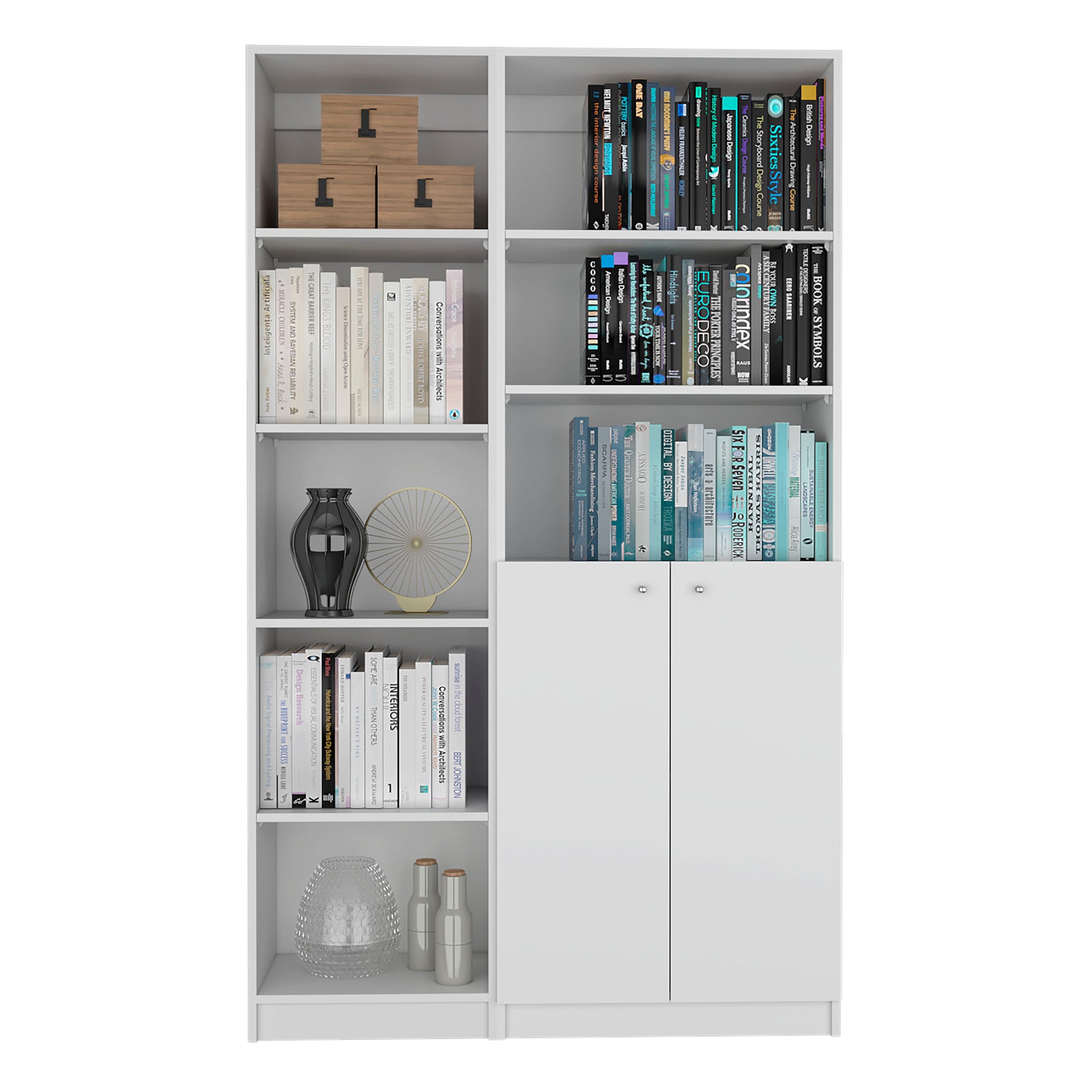 Micco 2 Piece 2 Piece Home Bookcase Set, 42" Wide With 8 Shelves And Double Door Cabinet, Living Room Set White White Particle Board