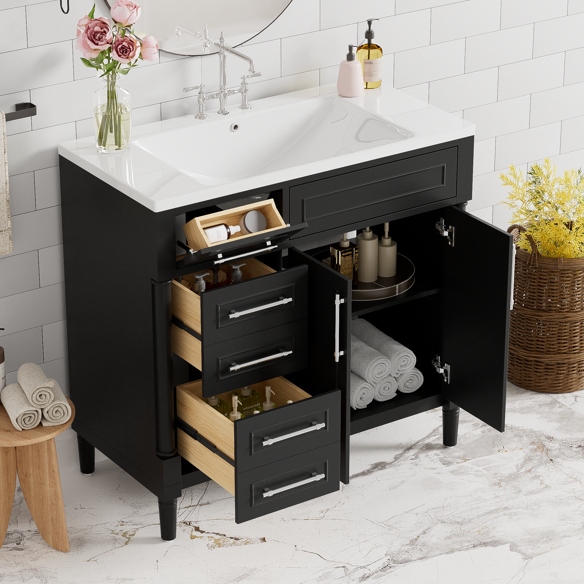 36'' Bathroom Vanity With Top Resin Sink, Freestanding Bathroom Storage Cabinet With 2 Drawers And A Tip Out Drawer, Solid Wood Frame Vanity Set, Height Adjustable Shelf 3 Black 2 2 Adjustable