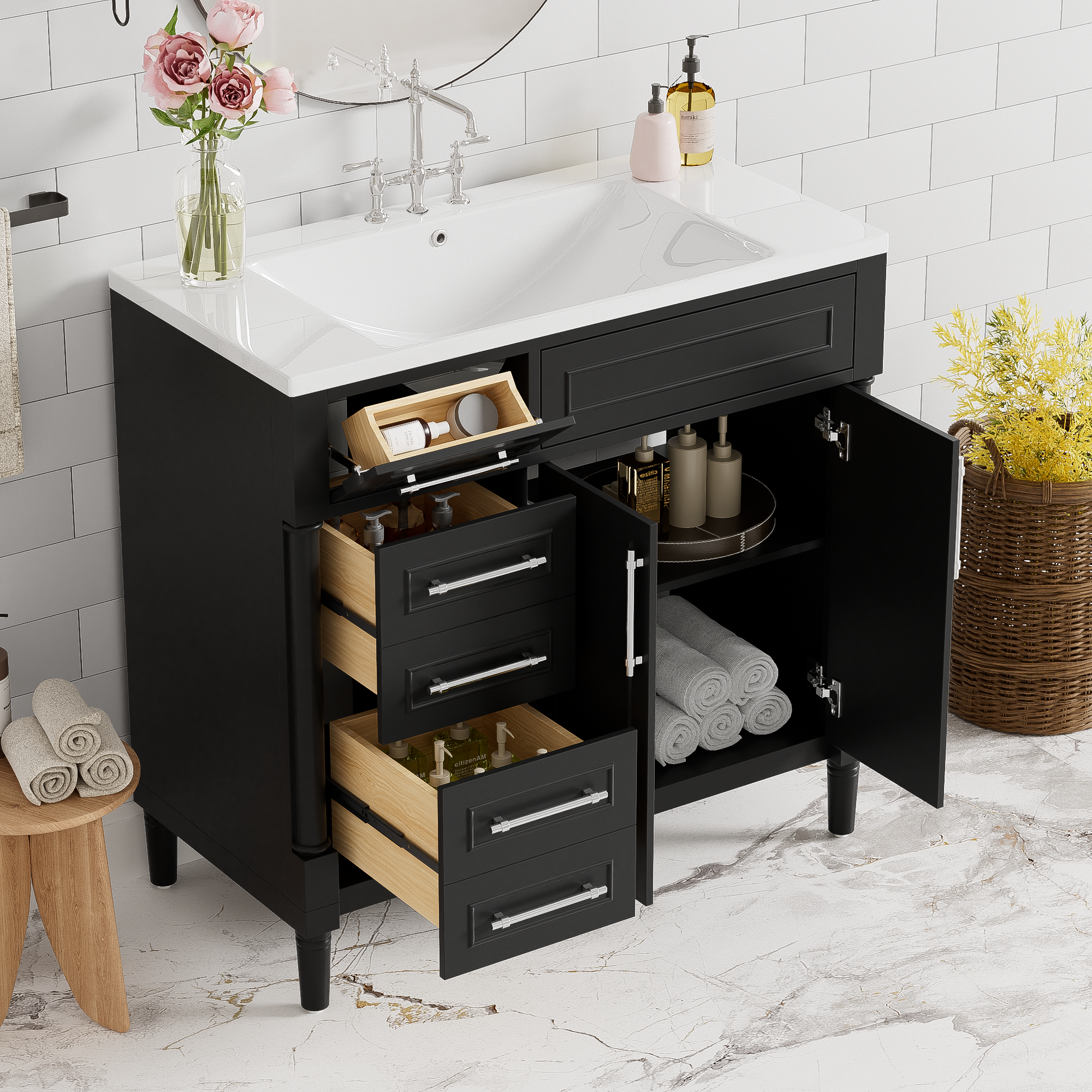 36'' Bathroom Vanity With Top Resin Sink, Freestanding Bathroom Storage Cabinet With 2 Drawers And A Tip Out Drawer, Solid Wood Frame Vanity Set, Height Adjustable Shelf Black Bathroom Solid Wood