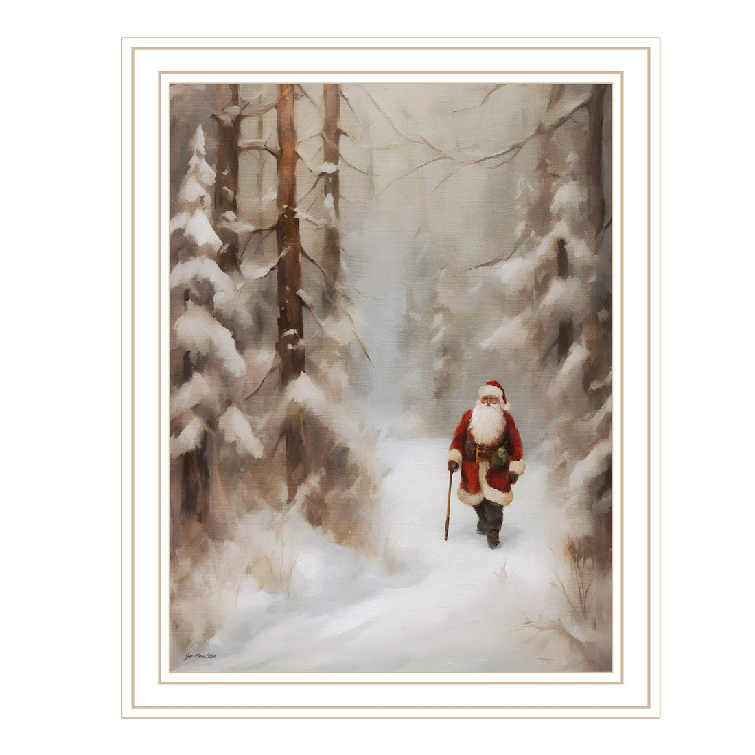 Santa'S Winter Stroll White Framed Wall Art For Living Room, Holiday Wall Art Print For Home Decor, Bedroom Wall Art By Jo Moulton Multicolor Wood Paper