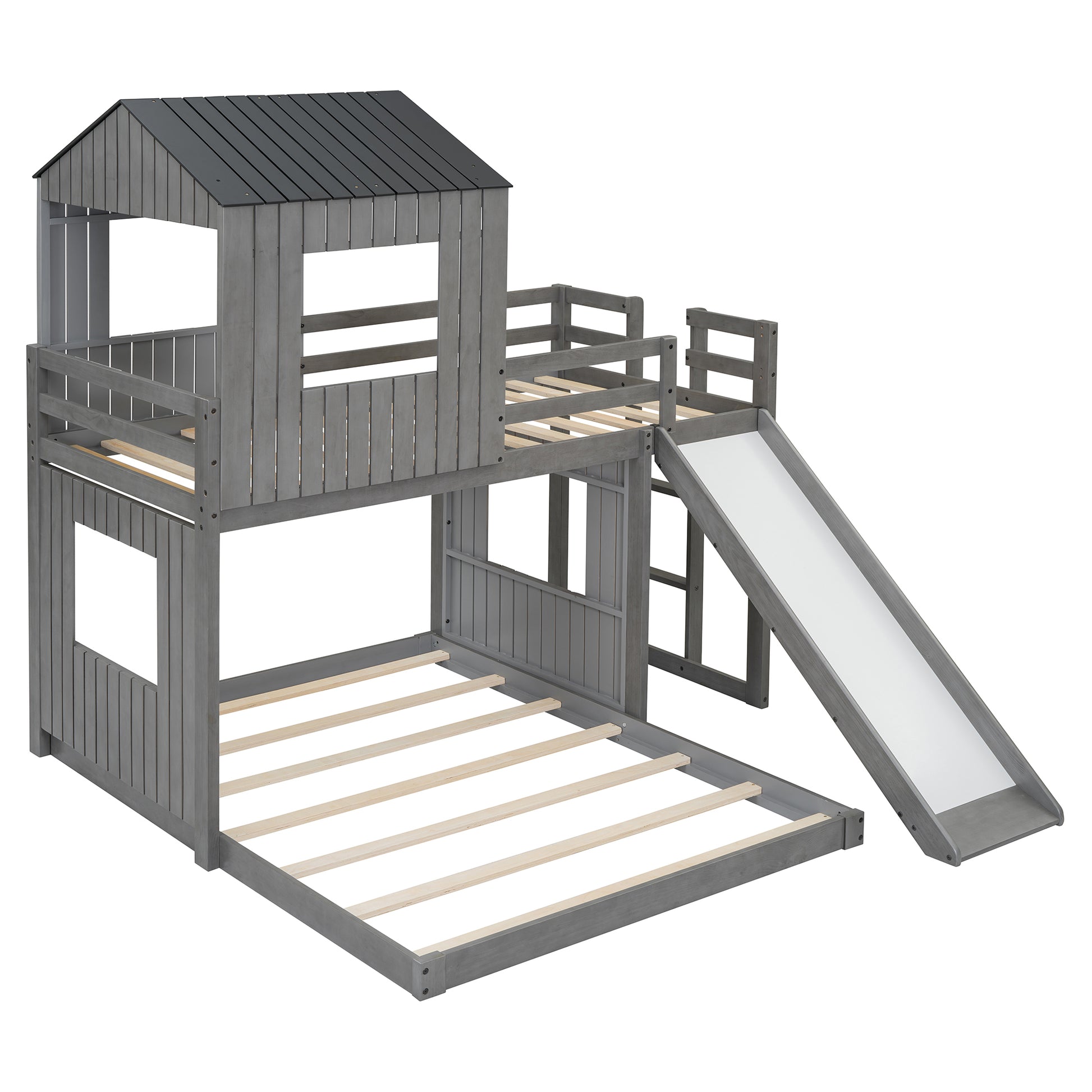 Wooden Twin Over Full Bunk Bed, Loft Bed With Playhouse, Farmhouse, Ladder, Slide And Guardrails, Antique Gray Old Sku :Lt000028Aae Twin Antique Gray Solid Wood