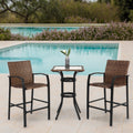 3 Pieces Outdoor Bar Stools Set,Rattan Bar Chairs,With Glass Table Top, Wicker Bar Stools For Backyard, Garden, Pool, Balcony And Deck, Brown Brown Steel