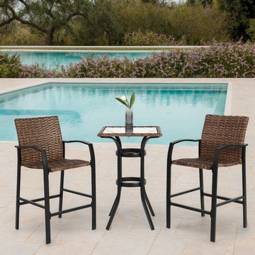 3 Pieces Outdoor Bar Stools Set,Rattan Bar Chairs,With Glass Table Top, Wicker Bar Stools For Backyard, Garden, Pool, Balcony And Deck, Brown Brown Steel