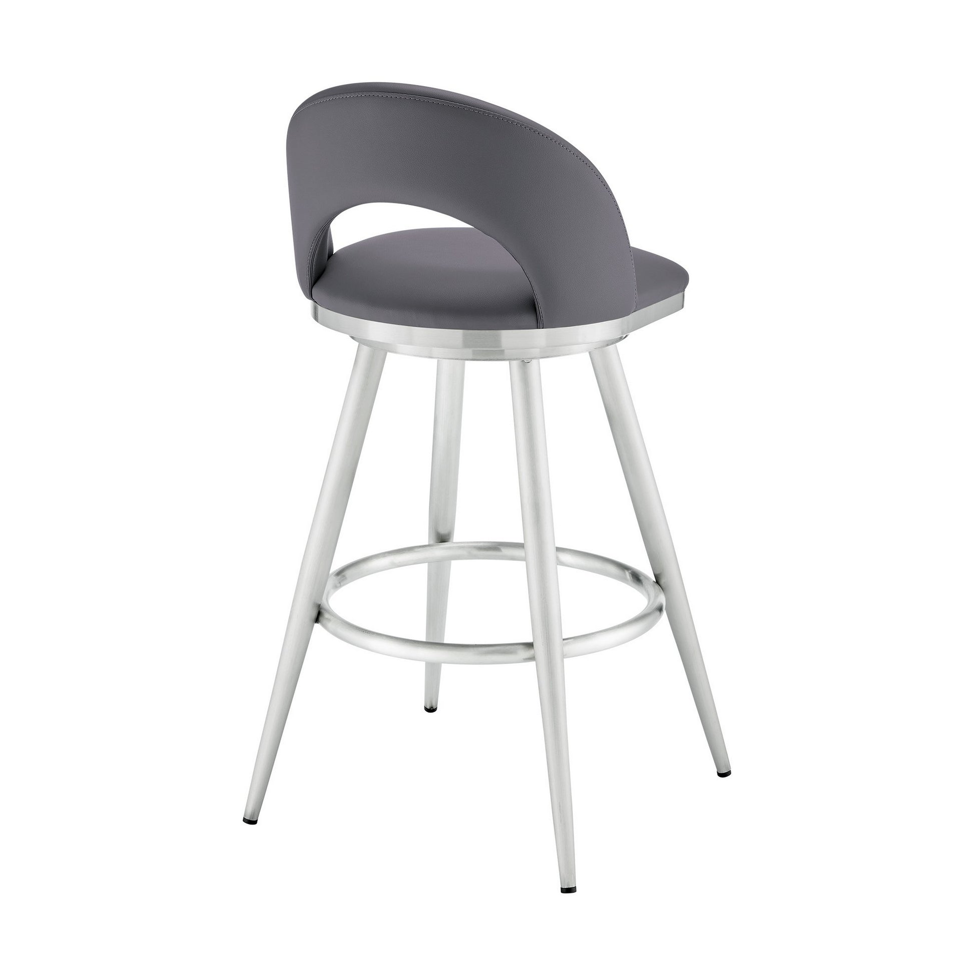 Teco 26 Inch Swivel Counter Stool, Chrome, Curved Back, Gray Faux Leather Gray Steel