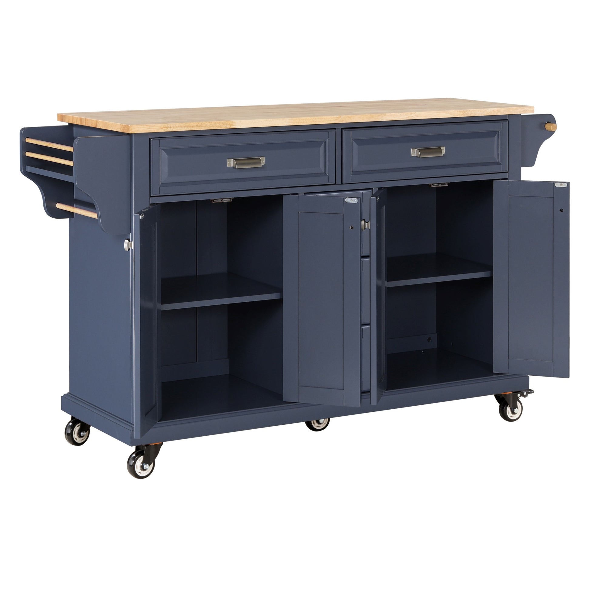 Kitchen Island With Rubber Wood Countertop, Kitchen Cart On 5 Wheels With Storage Cabinet And 5 Drawers For Dinning Room, Blue Blue Dining Room Rectangular Rubberwood Solid Wood Mdf Large 56 In