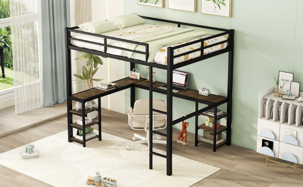 Full Metal Loft Bed With Desk And Shelves, Loft Bed With Ladder And Guardrails, Loft Bed Frame For Bedroom, Black Old Sku: W1307S00018 Full Black Metal