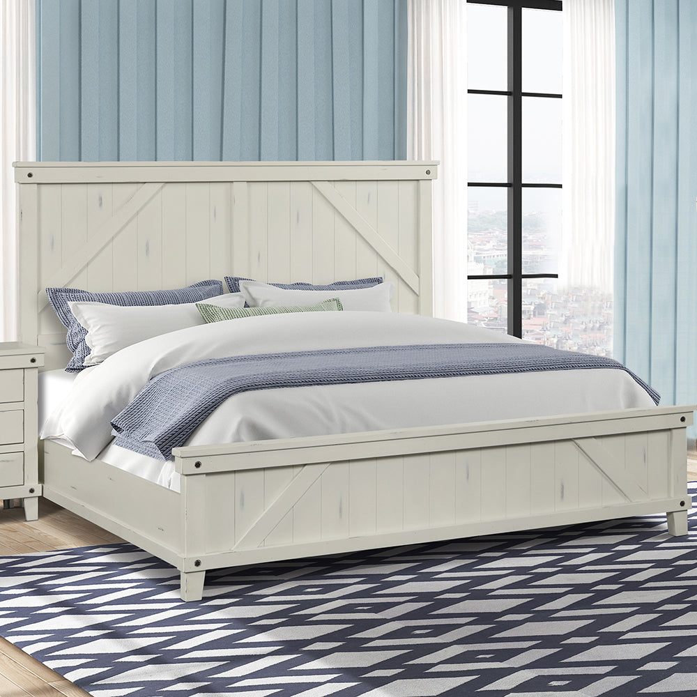 King Industrial Farmhouse Bed White Solid Wood Mdf