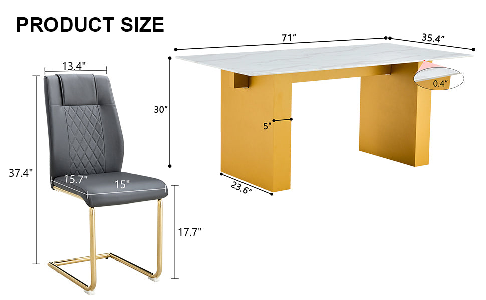 Table And Chair Set.Large Modern Rectangular Table With 0.4 Inch Patterned Glass Tabletop And Large Mdf Table Legs.Comes With 8 Chairs With Faux Leather Cushioned Seats And Golden Metal Legs. Gold White Seats 8 Mdf Glass