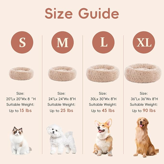 20 Inch Donut Dog Bed, Calming Bed For Dogs, Brown Cat Bed Washable, Round Dog Donut Bed Washable, Plush Fur Dog Bed, Dog Cuddle Bed Brown Faux Fur