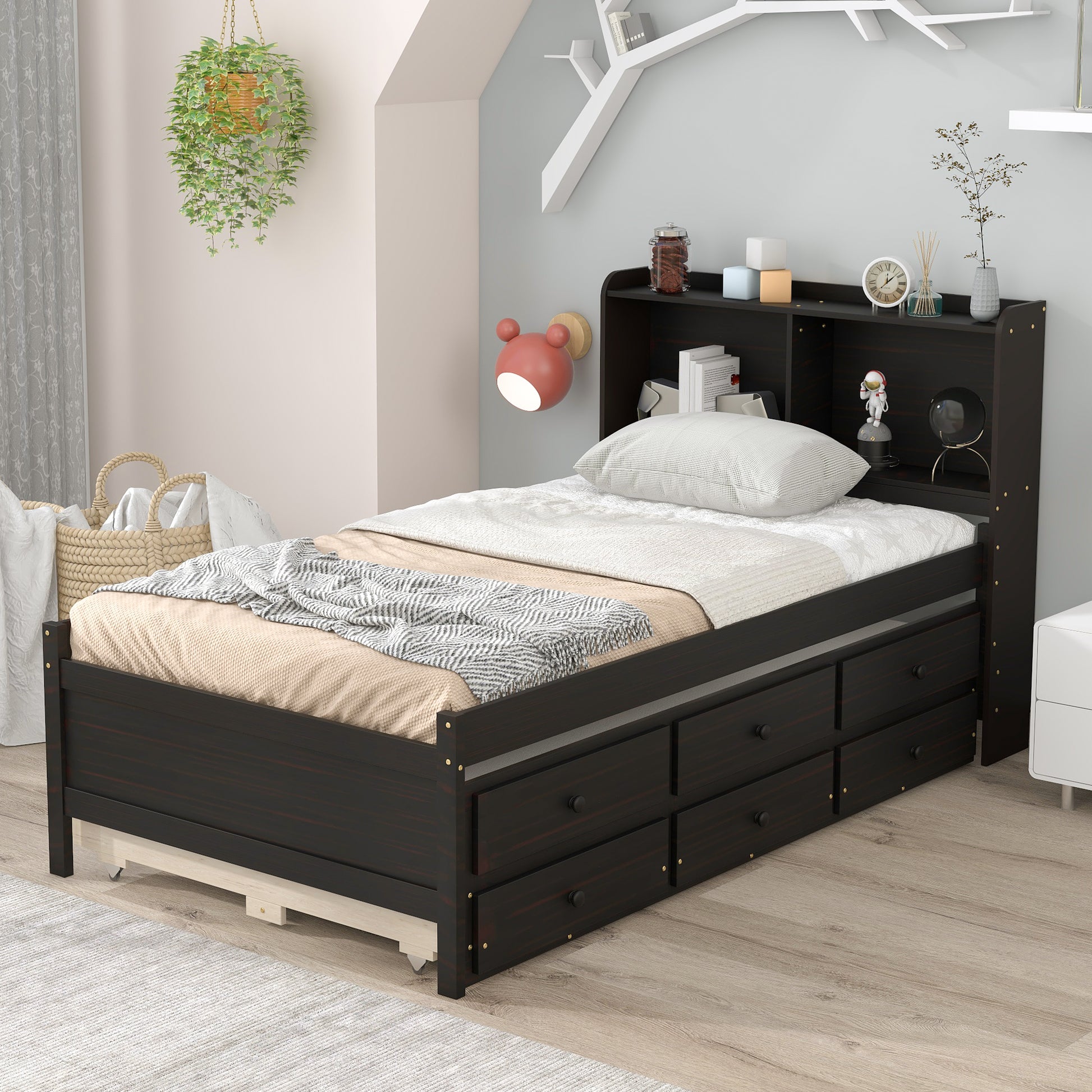 Twin Bed With Bookcase,Twin Trundle,Drawers,Espresso Twin Espresso Pine