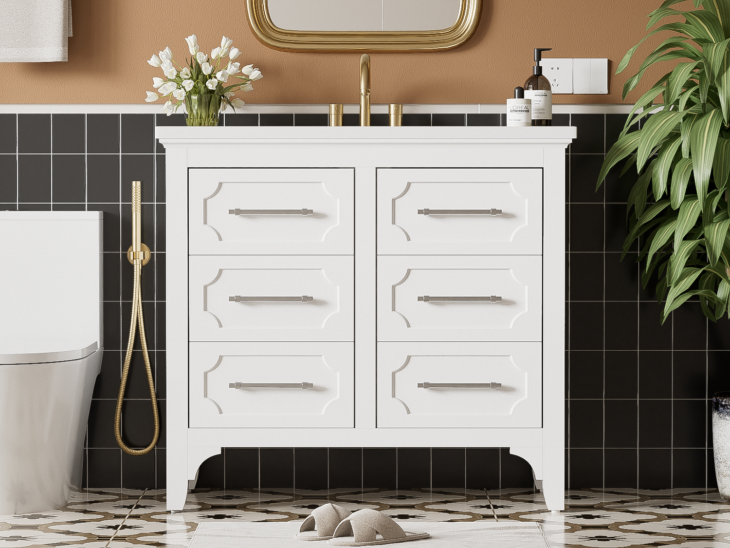 36'' Bathroom Vanity With Resin Sink Combo, Free Standing Single Vanity Set With Four Drawers, Solid Wood Frame Bathroom Storage Cabinet 4 White Bathroom Solid Wood Mdf Resin Painted