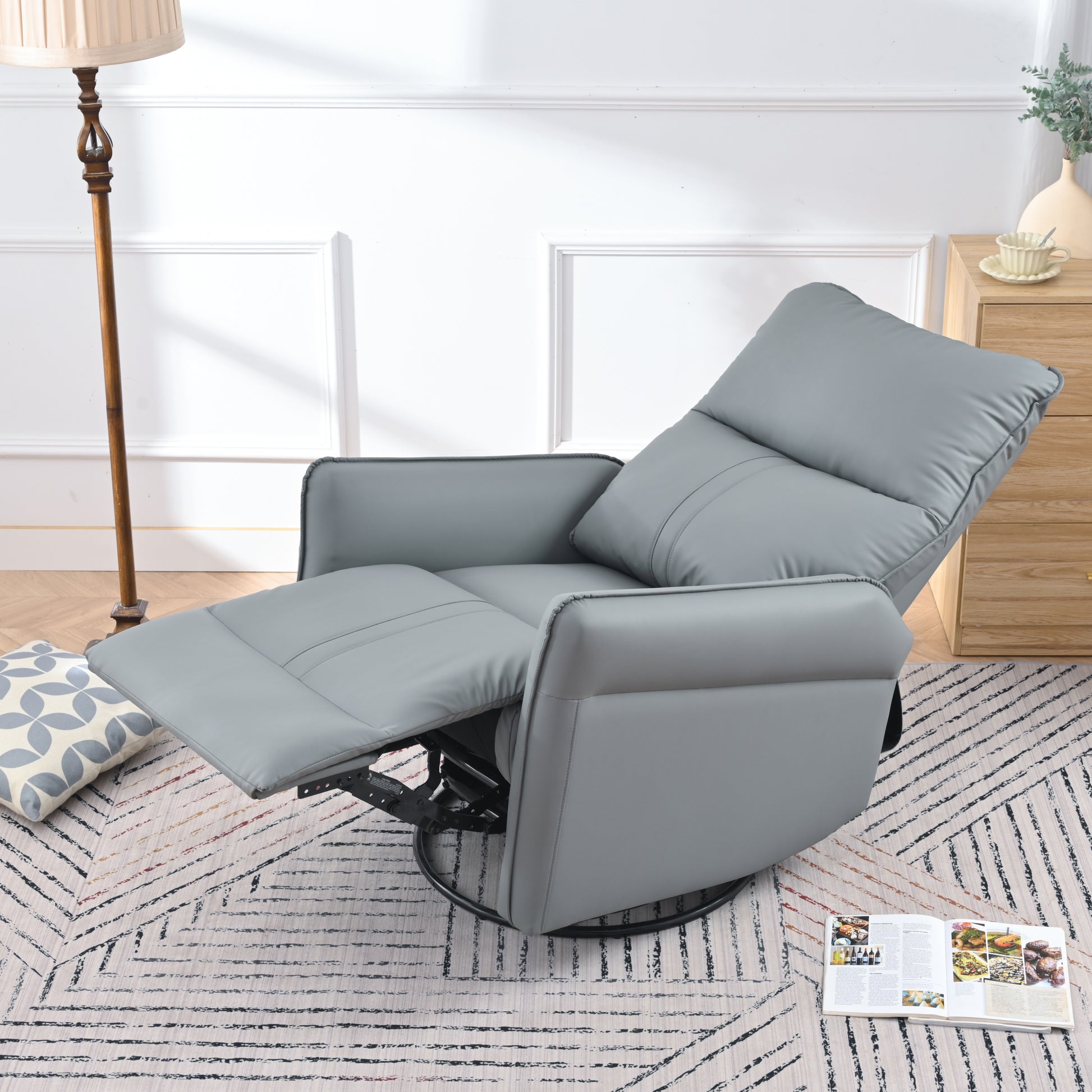 Rocking Recliner Chair,360 Degree Swivel Nursery Rocking Chair,Glider Chair,Modern Small Rocking Swivel Recliner Chair For Bedroom,Living Room Chair Home Theater Seat,Side Pocket Blue Gray Solid Blue Gray Light Brown Primary Living Space Foam Wipe Clean