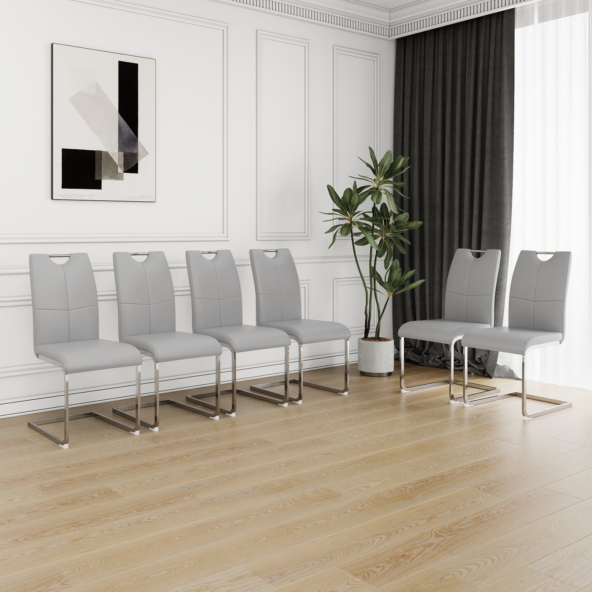 Modern Dining Chair With Faux Leather Cushioned Seat Dining Chair Living Room Chair Cushioned Chair With Electroplated Legs Designed Kitchen, Living Room, Bedroom, Dining Room Side Chair Set 6 Grey Metal