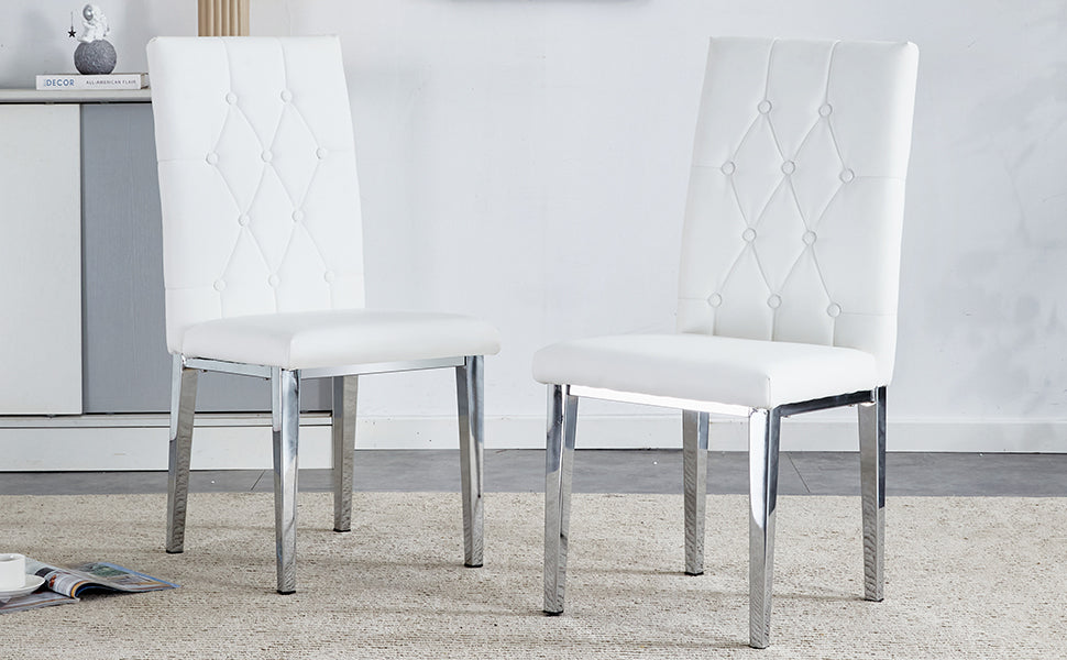 2 Piece Dining Chair Set, Modern Style Kitchen Soft Cushion High Backrest, With Embedded Buttons, Metal Leg Office Chair, Suitable For Restaurants, Offices, And Restaurants. White Pu