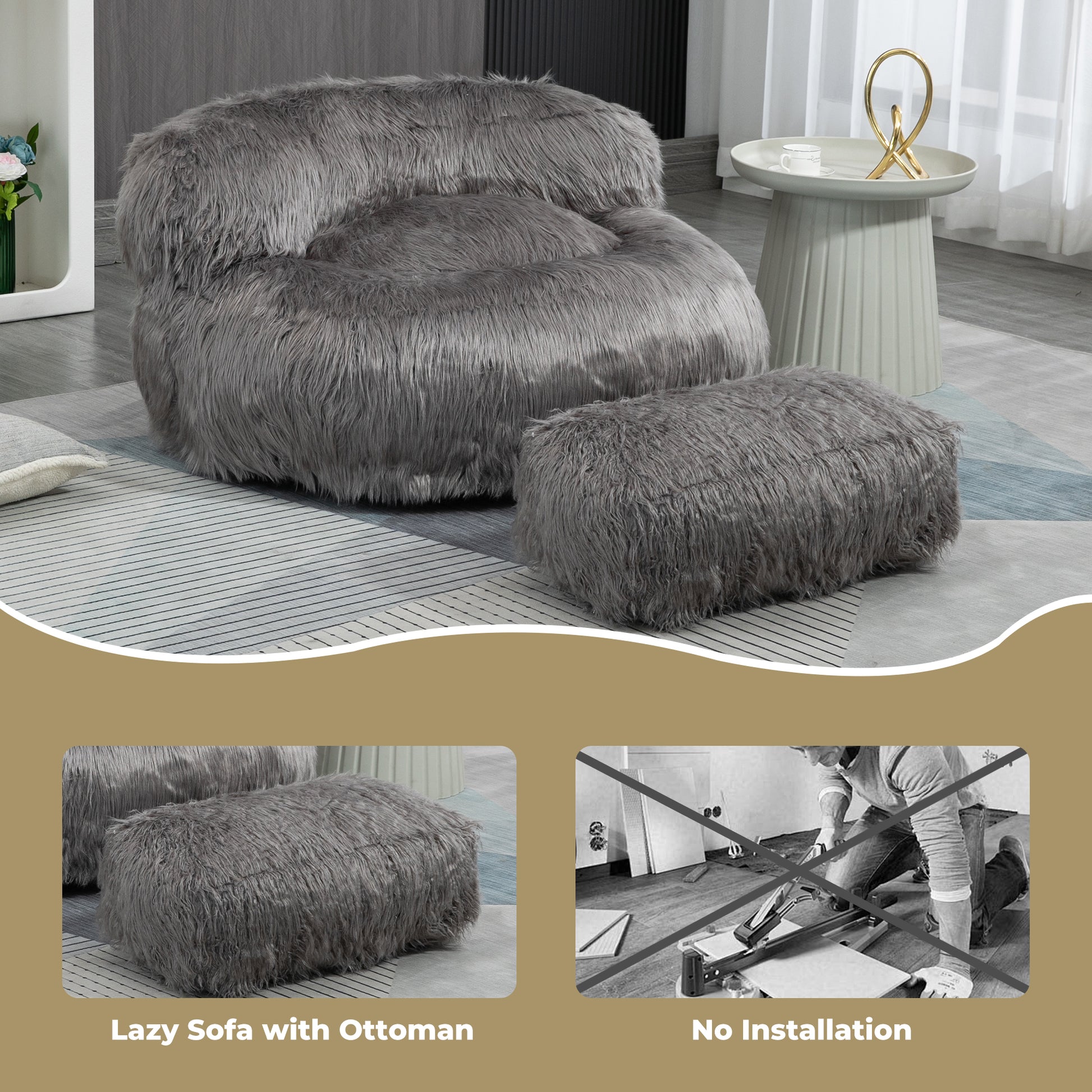 Coolmore Bean Bag Chair, Floor Sofa With Handle,Accent Sofa Chair With Ottoman For Gaming Reading Relaxing Gray Gray Plush