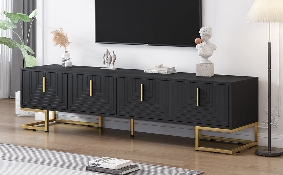 Modern Tv Stand With Metal Legs And Gold Handles For Tvs Up To 80'', Media Console Table With Cabinets And Adjustable Shelves, Luxury Tv Cabinet With Geometric Lines For Living Room, Black Black Gold Primary Living Space 80 89 Inches 80 89 Inches 80