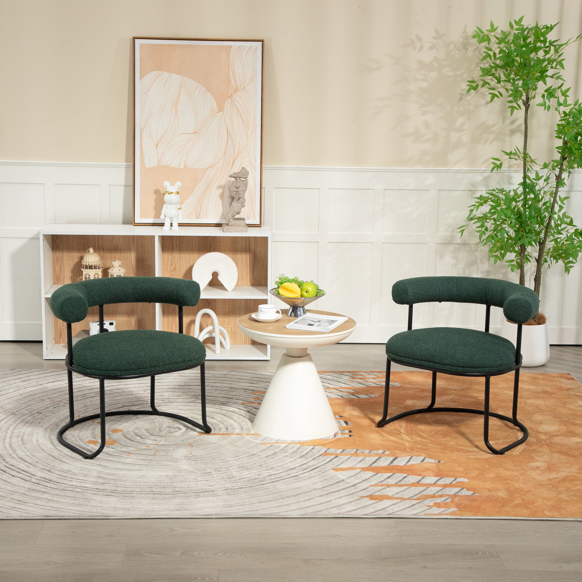 Coolmore Boucle Dining Chairs Set Of 2, Mid Century Modern Curved Backrest Chair, Round Upholstered Kitchen Chairs Emerald Boucle Emerald Foam Mdf Metal