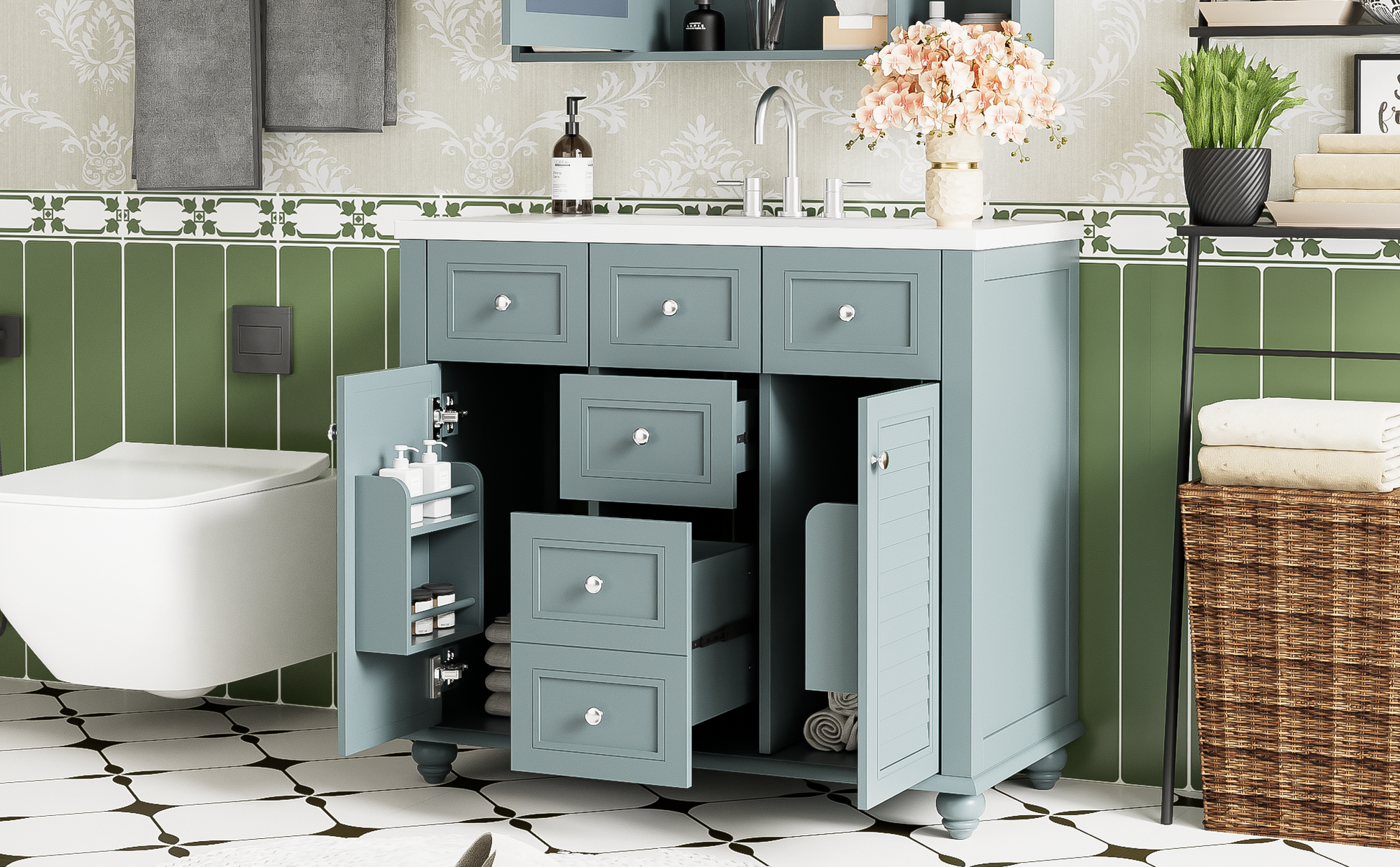 36" Bathroom Vanity Cabinet With Sink Combo Set, Undermount Resin Sink, Free Standing Vanity Set With 2 Drawers& Soft Closing Doors, Solid Wood Frame Bathroom Cabinet, Blue 2 Blue 2 Bathroom Freestanding French Country Solid Wood Mdf Resin Painted