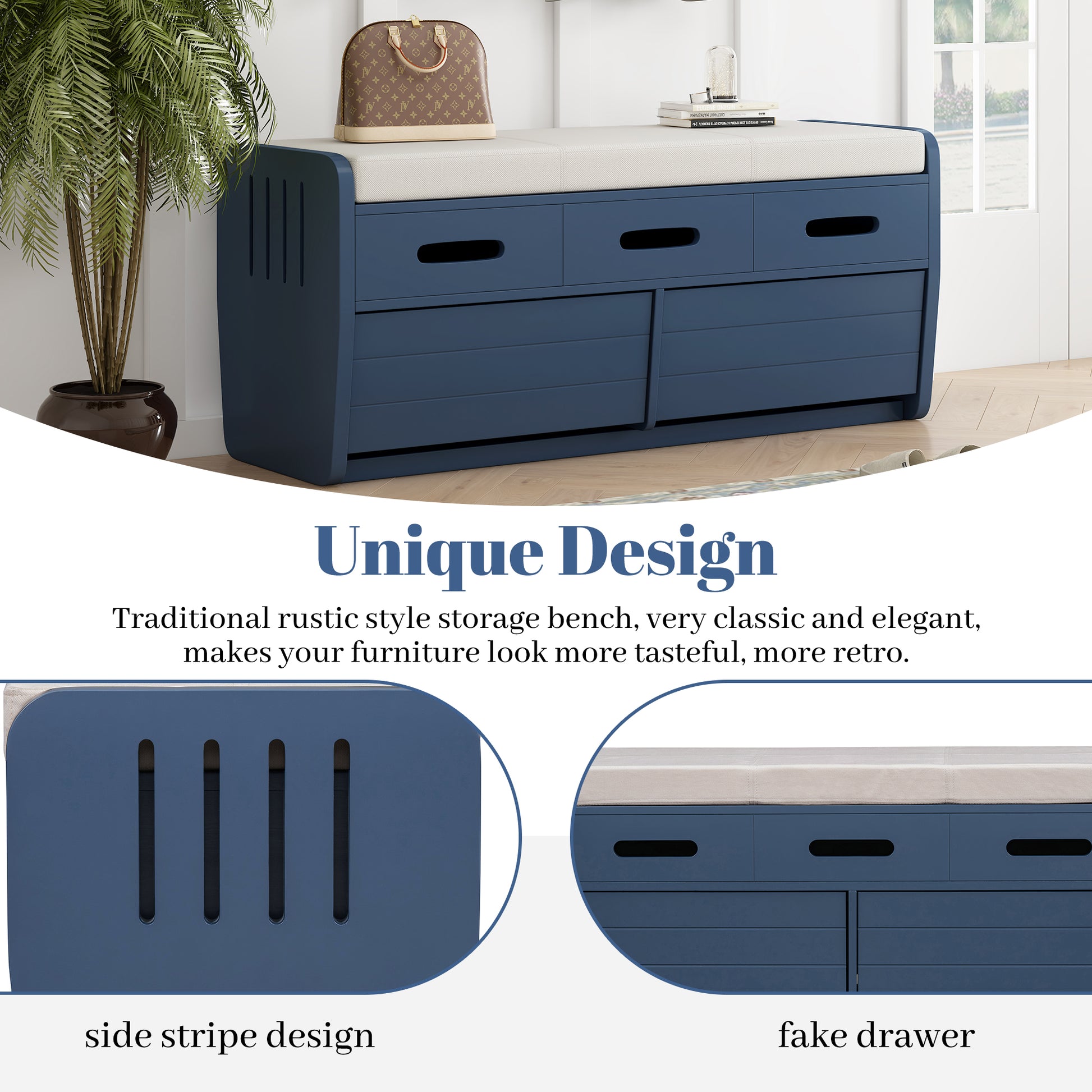 Rustic Storage Bench With 2 Drawers, Hidden Storage Space, And 3 False Drawers At The Top, Shoe Bench For Living Room, Entryway Navy Navy Mdf Acacia