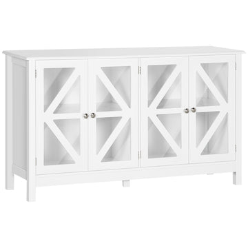 Homcom Sideboard, Buffet Cabinet With 4 Tempered Glass Doors And Adjustable Storage Shelf, Credenza, White White Mdf