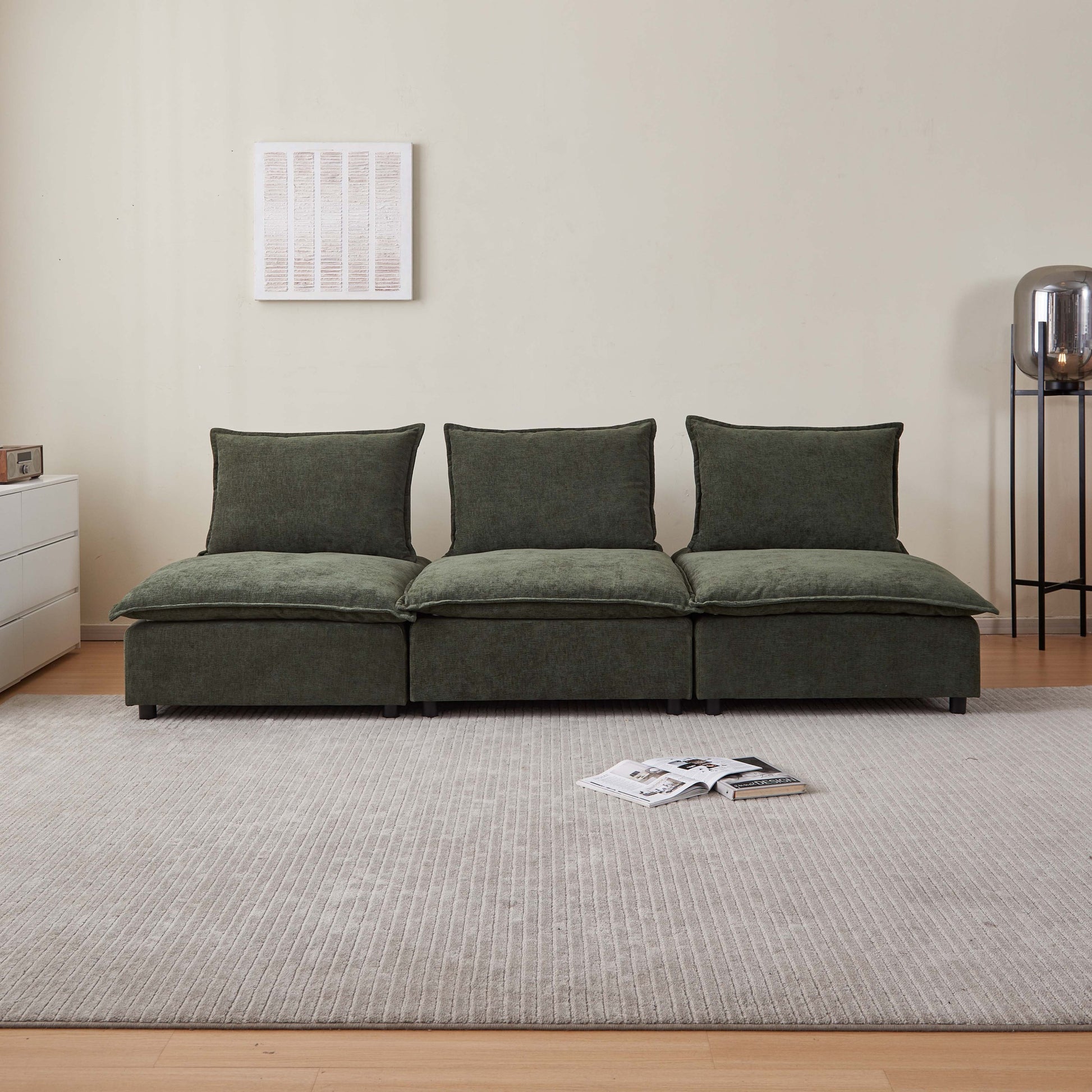 Mid Century Modern 3 Seater Sofa Couch For Living Room Modular Sectional Armless Sofa, Ultra Soft Chenille Fabric, Sturdy Frame, Comfortable And Stylish Furniture Green Foam Chenille 3 Seat