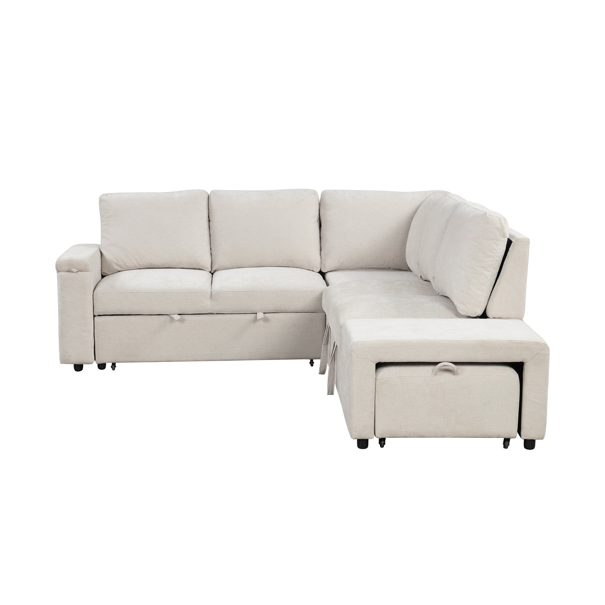 L Shaped Padded Modular Sofa With Storage Space, Usb Ports, And Cup Holders On The Armrests, Suitable For Living Rooms, Offices, And Apartments. Beige Wood Polyester 5 Seat