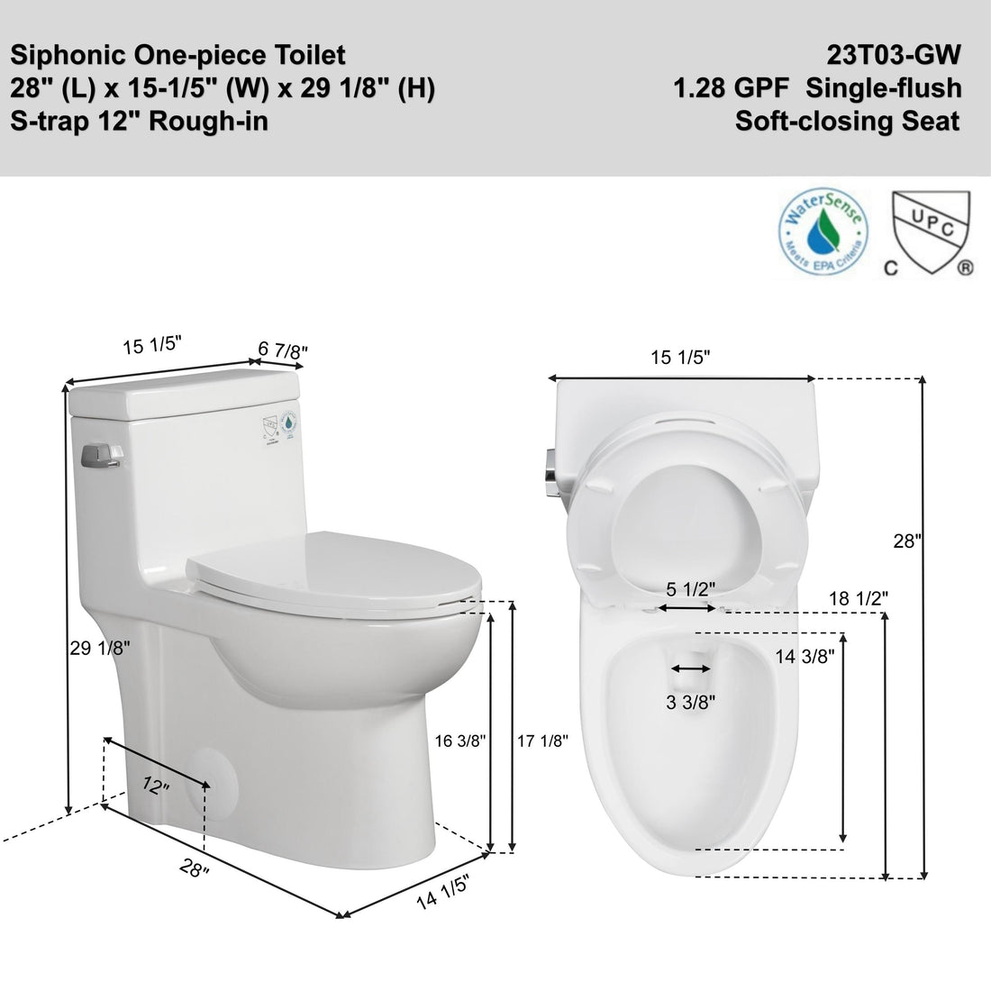 1.28 Gpf Single Flush One Piece Toilet, Water Saving Elongated Comfort Height Floor Mounted, Soft Closing Seat, 1000 Gram Map Flushing Score Toilet, Gloss White 23T03 Gw Gloss White Ceramic