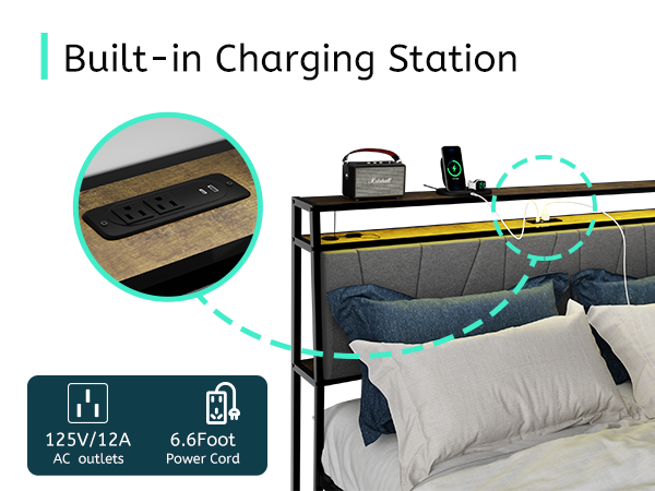 Full Bed Frame With Storage, Ergonomic Headboard, Bed Frame With 2 Storage Drawers, Built In Charging Station & Led, Outlets & Usb, Full Size, Noise Free, No Box Spring Needed, Rustic Brown Box Spring Not Required Full Rustic Brown Metal Brown Bedroom