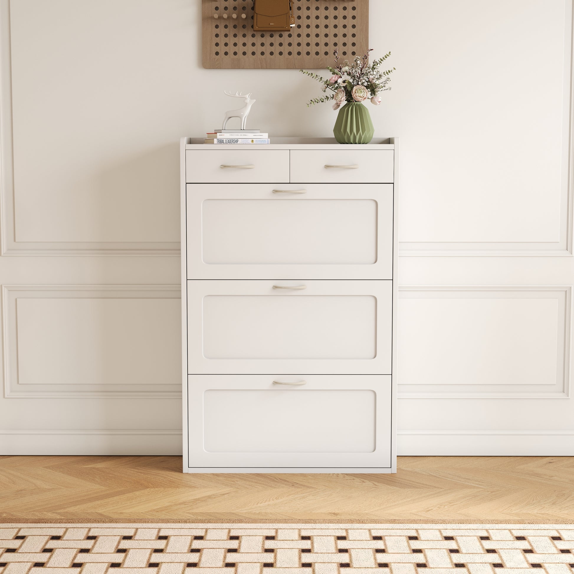 2408 White Solid Wood Shoe Cabinet, Three Layers, Flip Bucket Shoe Storage Cabinet, Simple And Generous For A Variety Of Home Styles White Mdf