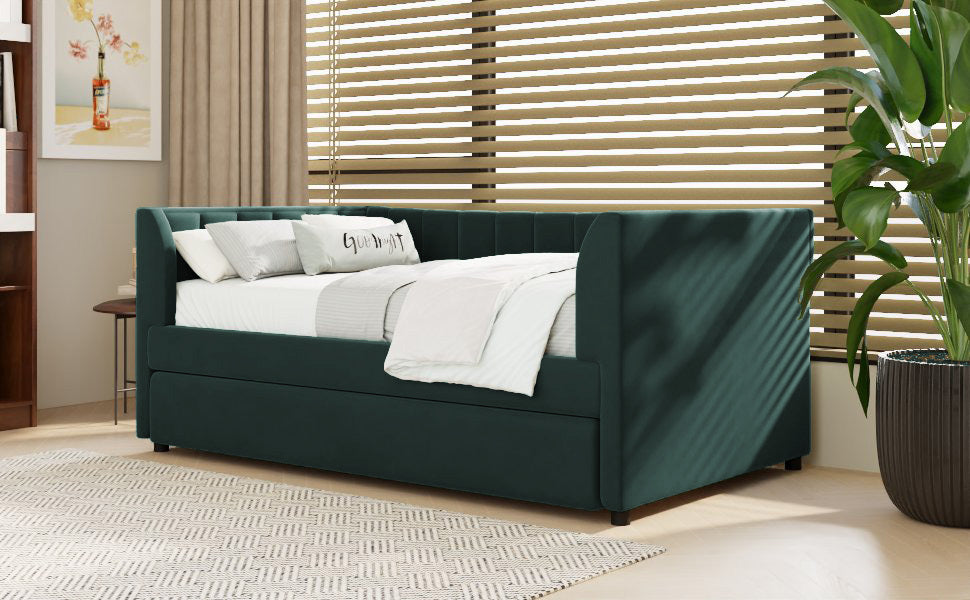 Twin Size Upholstered Velvet Daybed With Trundle, Green Box Spring Not Required Twin Green Wood Bedroom Bed Frame Velvet Upholstered