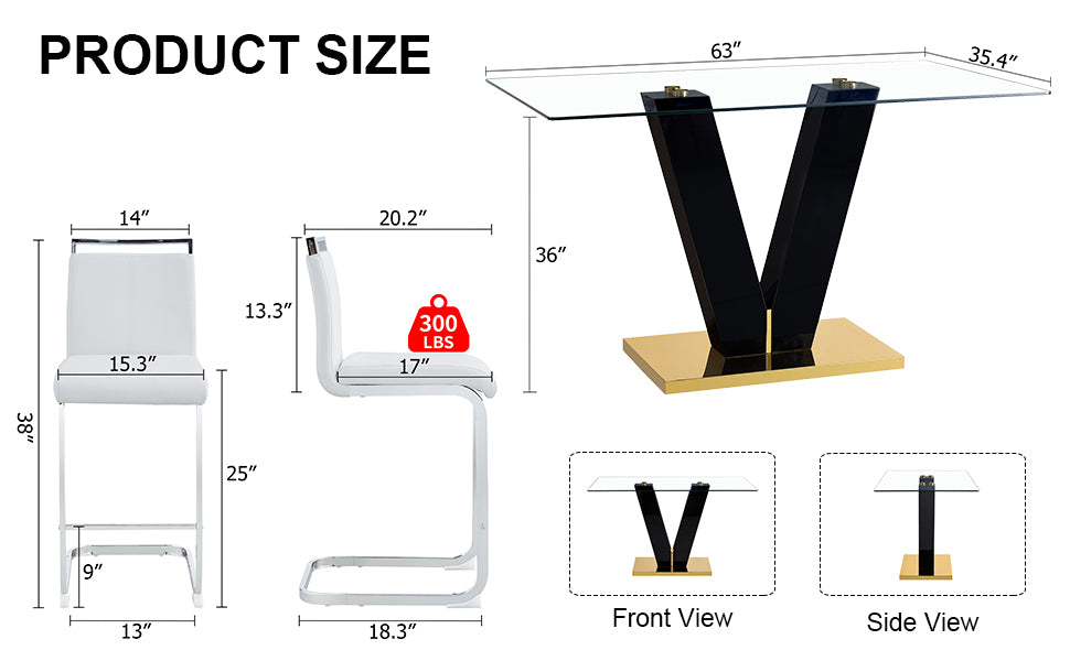 Table And Chair Set. A Rectangular Glass Dining Table With A 0.4 Inch Tempered Glass Tabletop And Mdf Board V Shaped Bracket, Paired With 2 Chairs Consisting Of Pu Seat Cushions And Silver Metal Legs. White Black Seats 2 Tempered Glass
