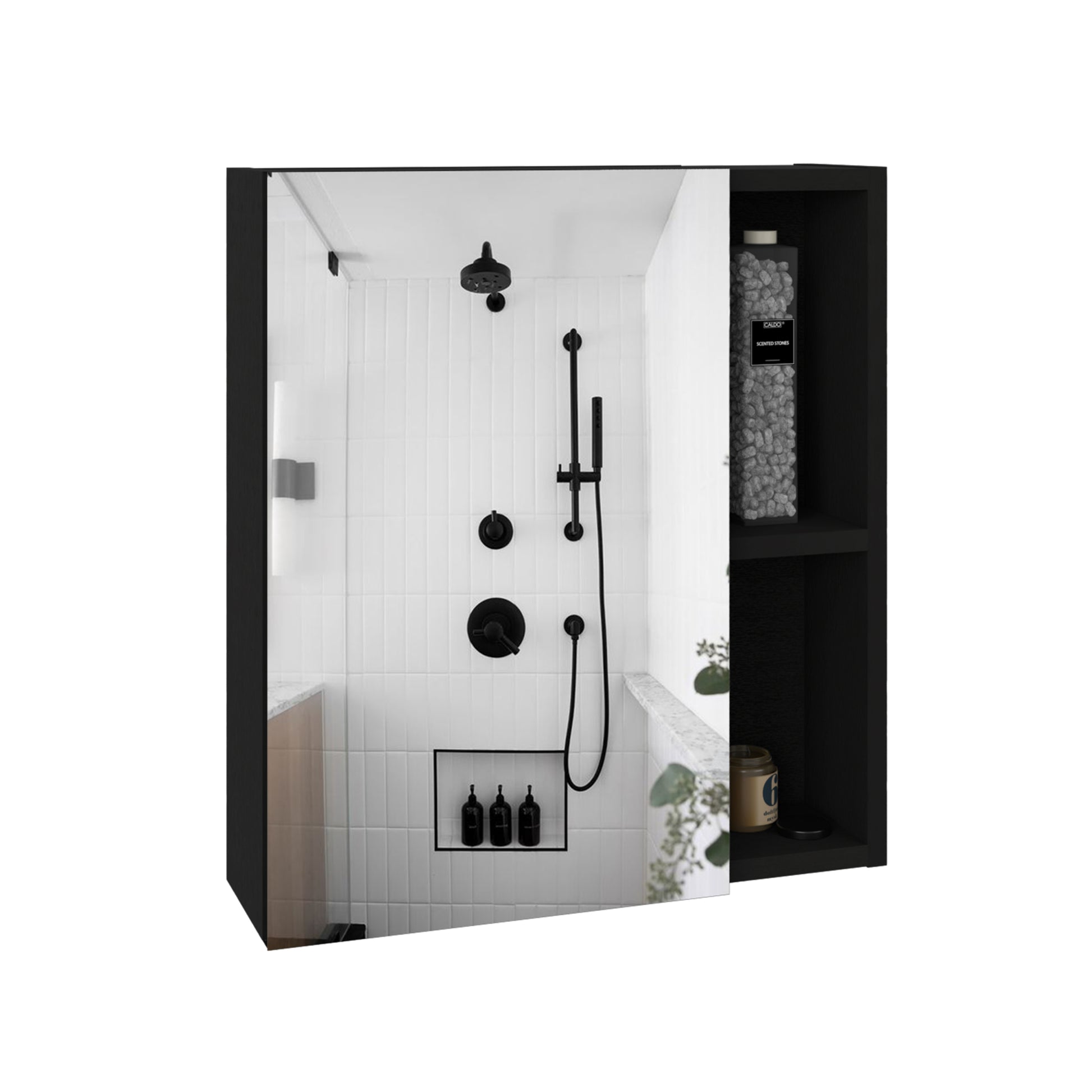 Medicine Single Door Cabinet 19" H With Mirror, Five Interior Shelves, Black Black Particle Board Particle Board