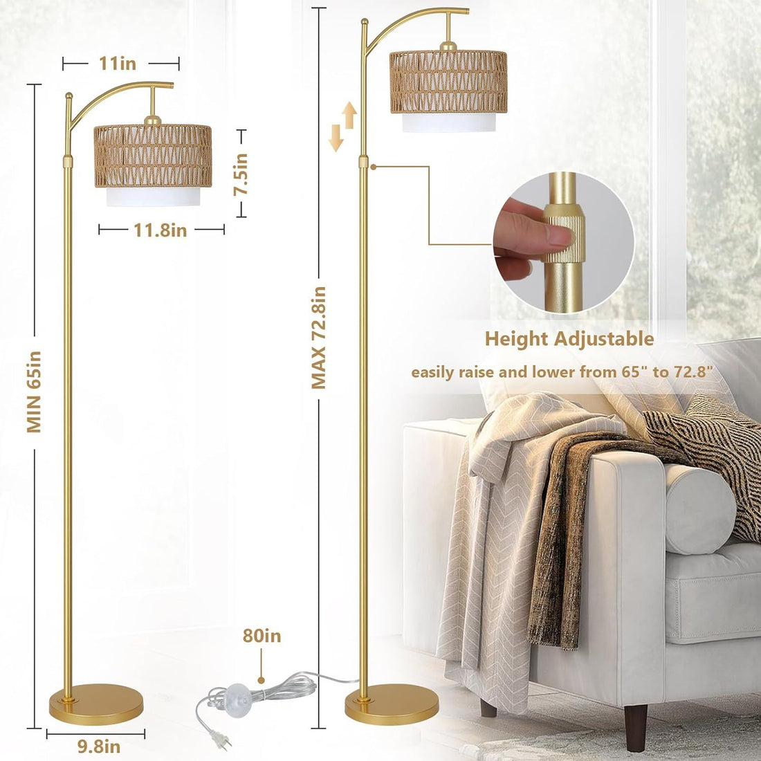 Gold Floor Lamps For Living Room With Remote & Dimmable Led Bulb, Modern Arc Floor Lamp With 3 Color Temperatures, Boho Standing Lamp With Rattan & Fabric Shades, Adjustable Tall Lamp For Bedroom Brown Gold Rattan Metal