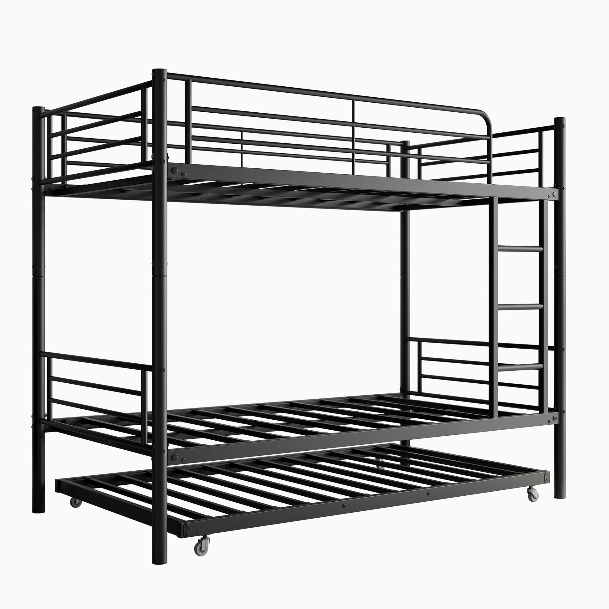 Twin Bunk Bed With Trundle Metal Bunkbeds With Ladder And Full Length Guardrail, Noise Free, No Box Spring Needed, Black Box Spring Not Required Twin Black Metal Bedroom Modern Bunk Metal Metal