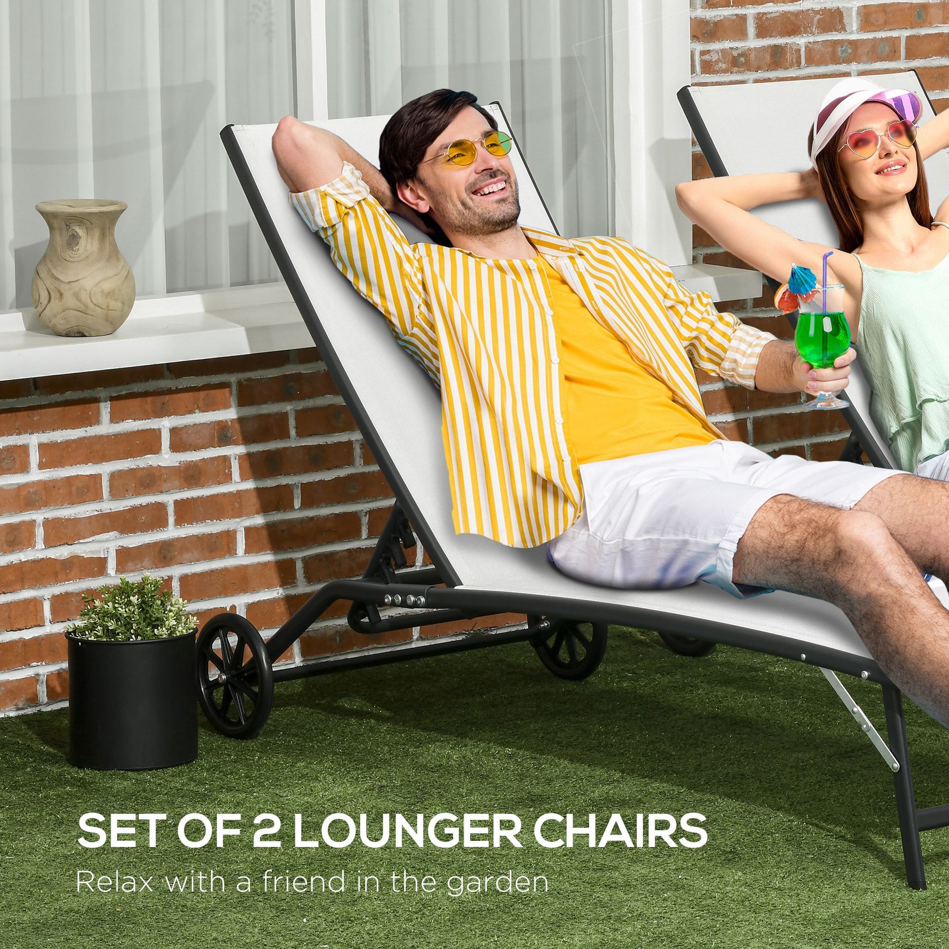 Outsunny Chaise Lounge Outdoor, 2 Piece Lounge Chair With Wheels, Tanning Chair With 5 Adjustable Positions For Patio, Beach, Yard, Pool, Cream White Cream White Fabric