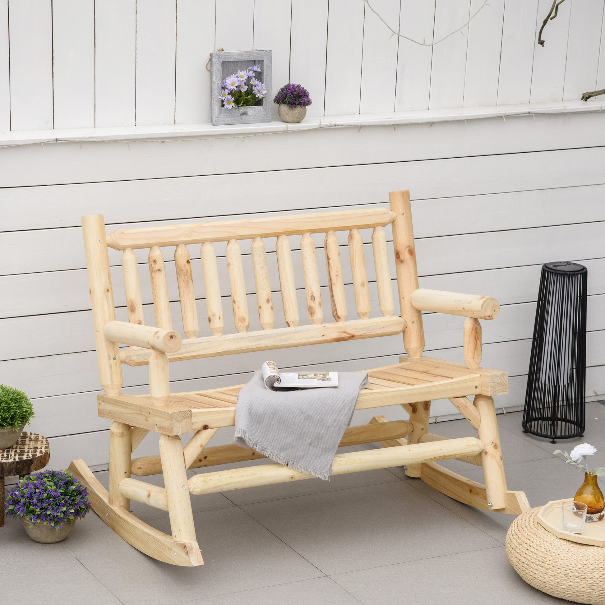 Outsunny 2 Person Wood Rocking Chair With Log Design, Heavy Duty Loveseat With Wide Curved Seats For Patio, Backyard, Garden, Natural Natural Wood Wood
