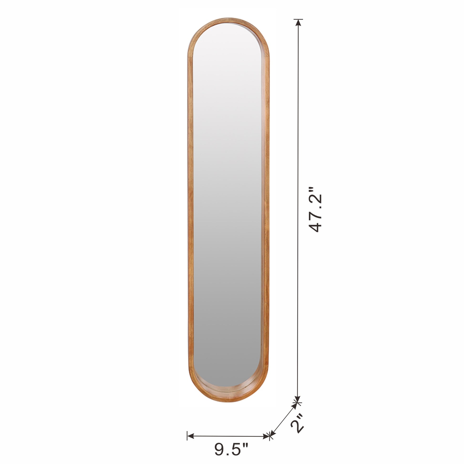 9.5X2X47.2" Decorative Rubber Frame Mirror With Elongated Oval Frame, Brown Brown Wood