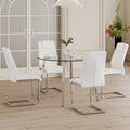 Table And Chair Set.A Modern Minimalist Style Round Clear Tempered Glass Table With Silver Metal Legs.Paried With 4 Chairs With Modern Pu Leather High Back Upholstered And C Tube Chrome Legs. Silver,White Seats 4 Glass Metal