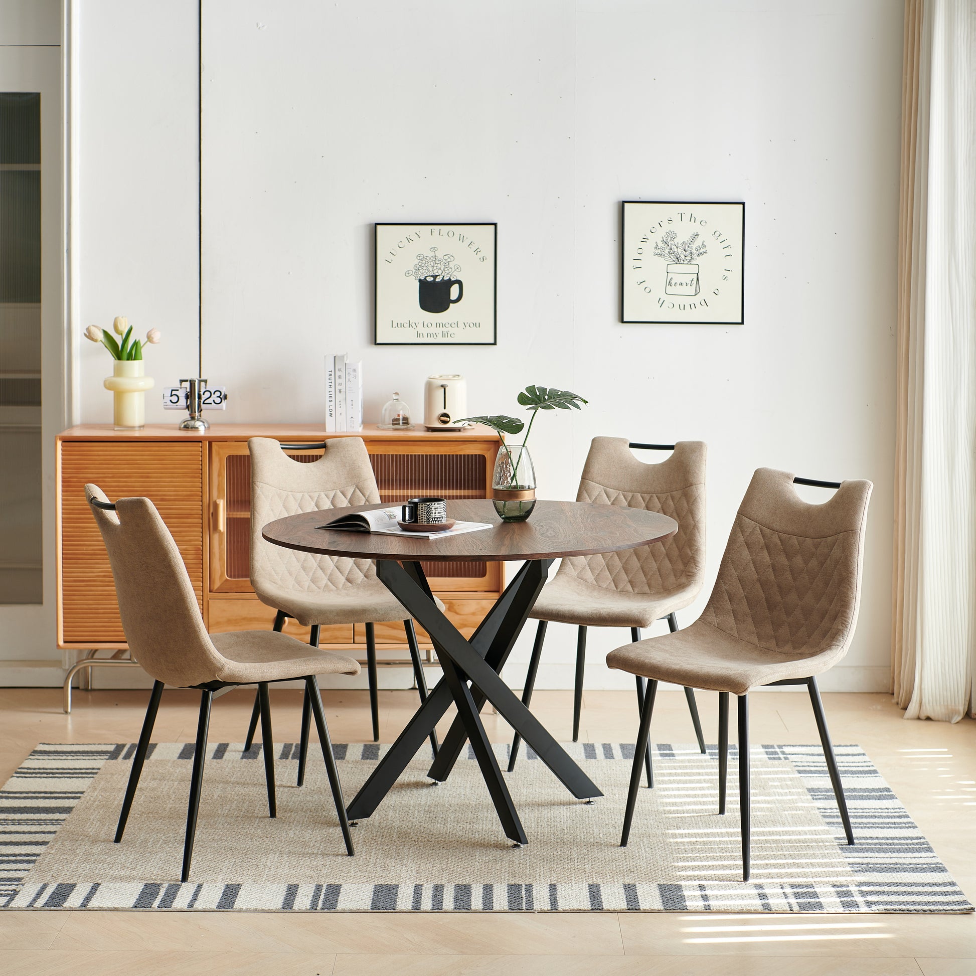 1 4,5Pieces Dining Set, Table Metal Leg Mid Century Dining Table For 4 6 People With Mdf Table Top, Pedestal Dining Table, End Table Leisure Coffee Table Beige Brown Fabric Metal