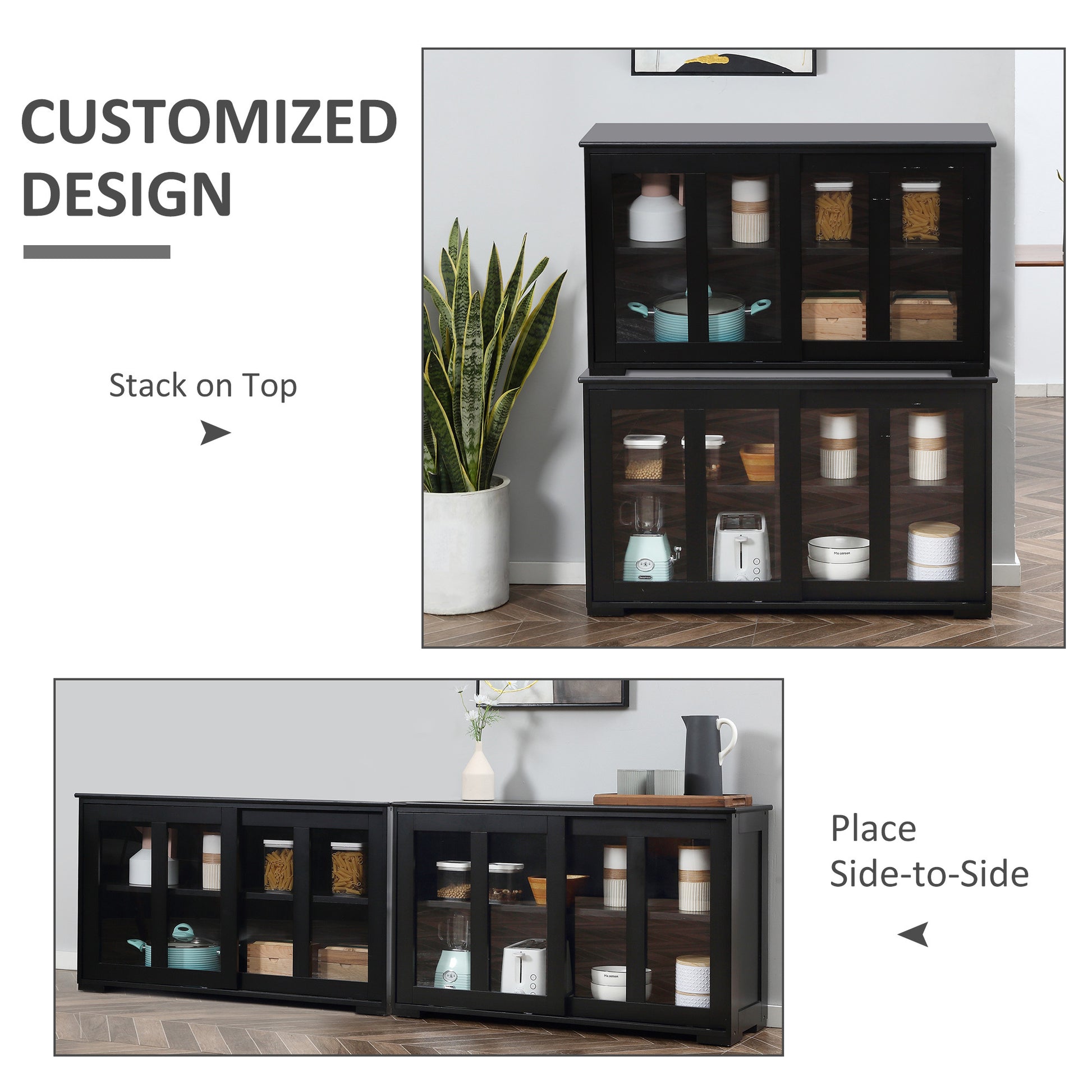 Homcom Sideboard Buffet Cabinet, Stackable Credenza, Coffee Bar Cabinet With Sliding Glass Door And Adjustable Shelf, Black Black Engineered Wood