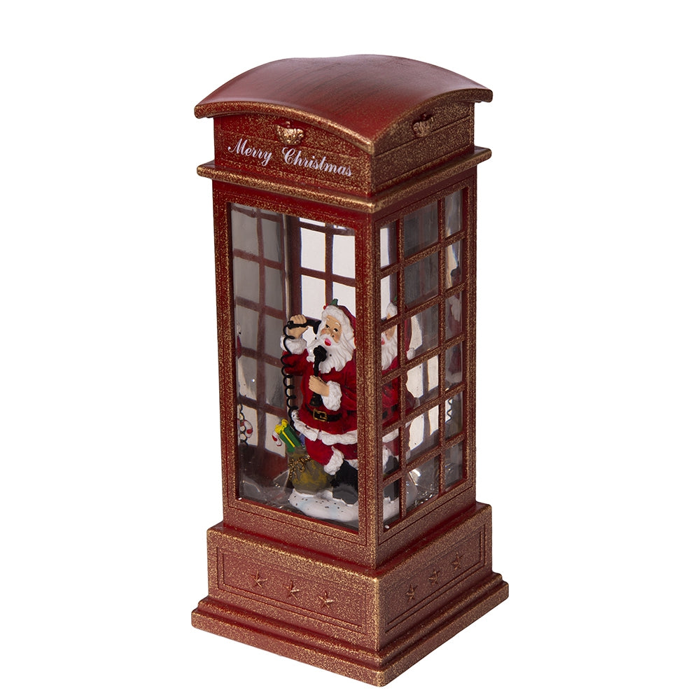 4X4X10"H Christmas Lighted Water Spinning Phone Booth With Santa On Phone, 3*Aa Batteries Required White Red Plastic
