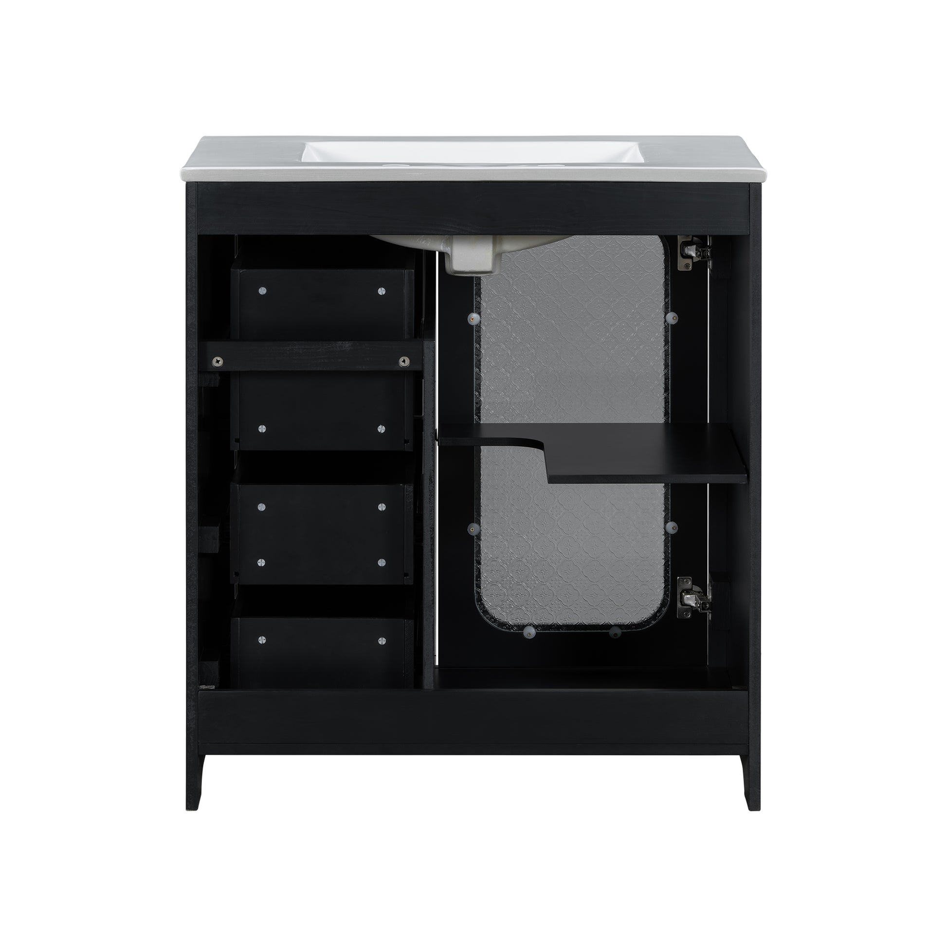 30 Inch Bathroom Vanity With A Soft Close Glass Door, Adjustable Shelves, And Three Drawers Black Bathroom Solid Wood Mdf Glass