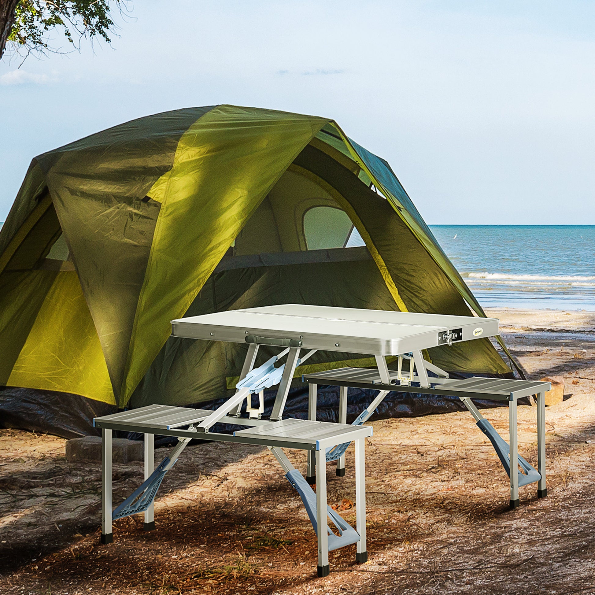 Outsunny Folding Picnic Table With Umbrella Hole, Aluminum Suitcase Portable Outdoor Table With Bench, Patio, Porch Or Camping Table And Chair Set, Silver Silver Mdf