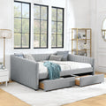 Queen Size Daybed With Two Drawers Trundle Upholstered Sofa Bed, With Vertical Stripes Linen Fabric, Grey 86.5